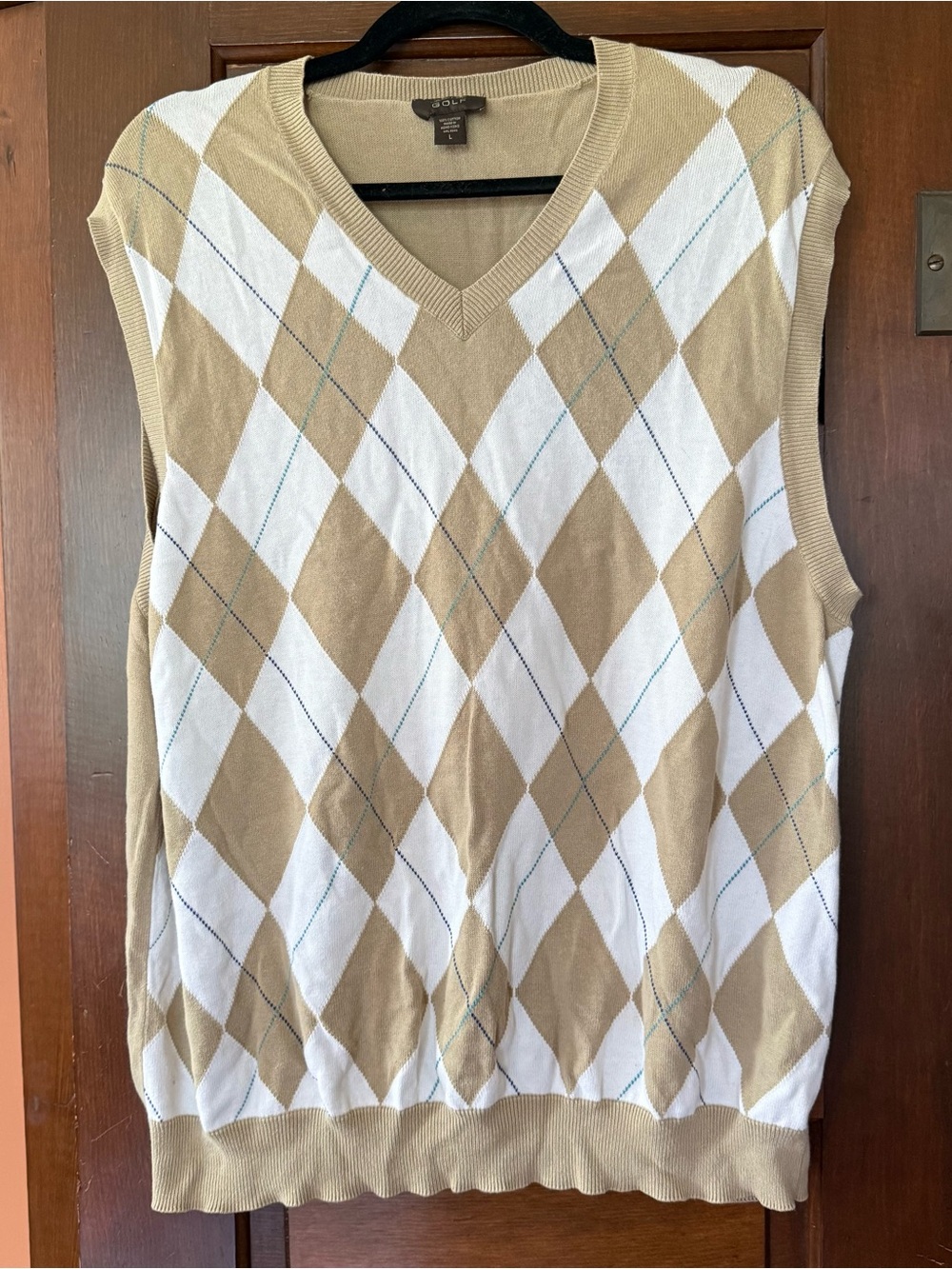 Tasso Elba Golf Beige and White Argyle V-Neck Sweater Vest size large